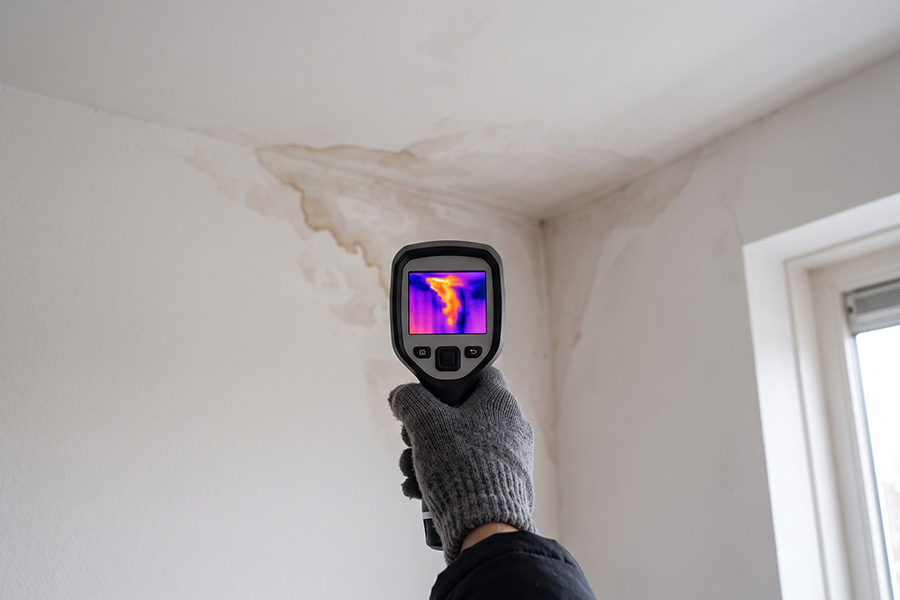 Warmtebeeldcamera gericht op een vochtkring in een muurhoek, met op het scherm een afwijkende zone